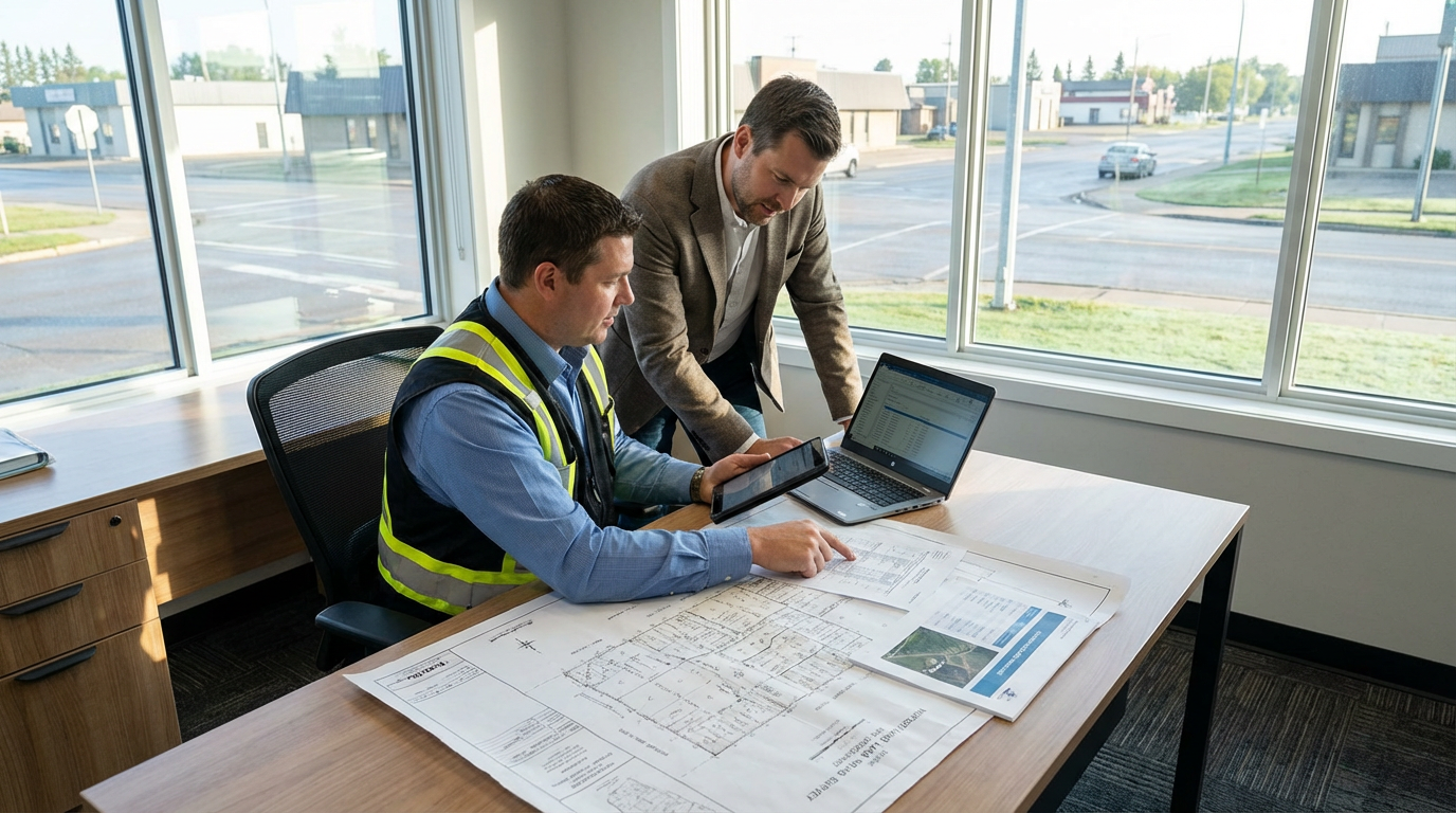 Professional environmental assessor reviewing historical maps and regulatory records at a desk, with Alberta commercial prope