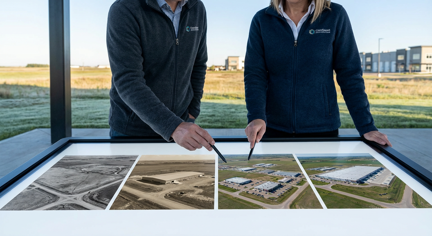 Composite view showing historical aerial photographs of a commercial property in Alberta from 1990s to 2020s, demonstrating l