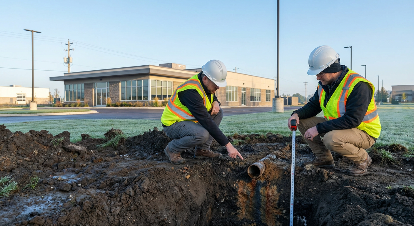 Environmental professional documenting soil staining and underground storage tank evidence at a commercial property in Albert