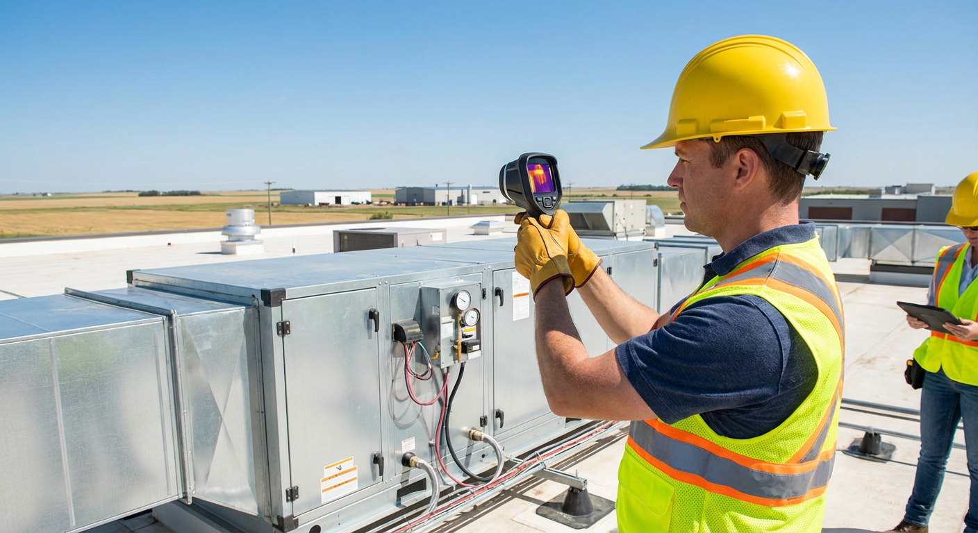 Professional commercial building inspector using thermal imaging camera to assess HVAC efficiency in an Alberta office buildi