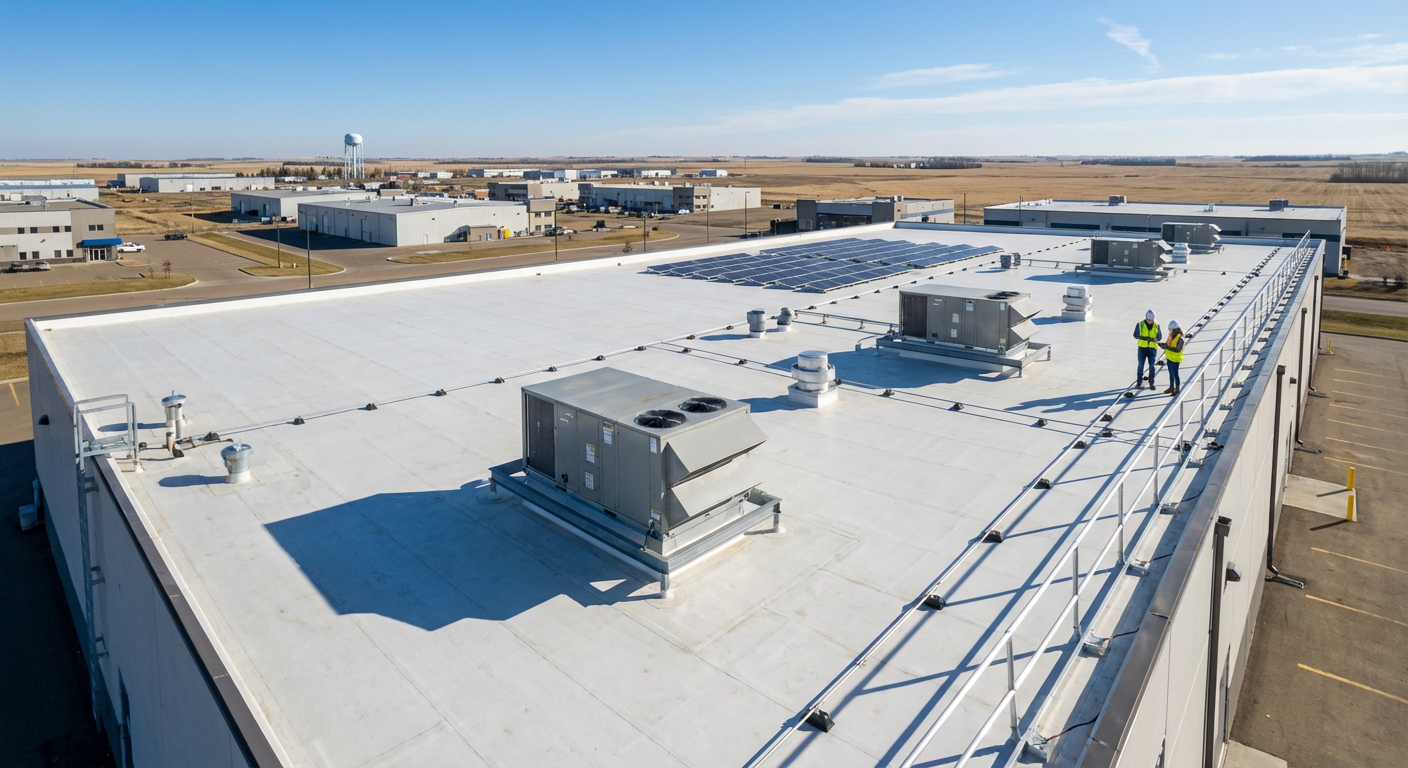 Aerial view of commercial building rooftop showing TPO membrane, HVAC equipment mounting, and snow/ice management systems typ