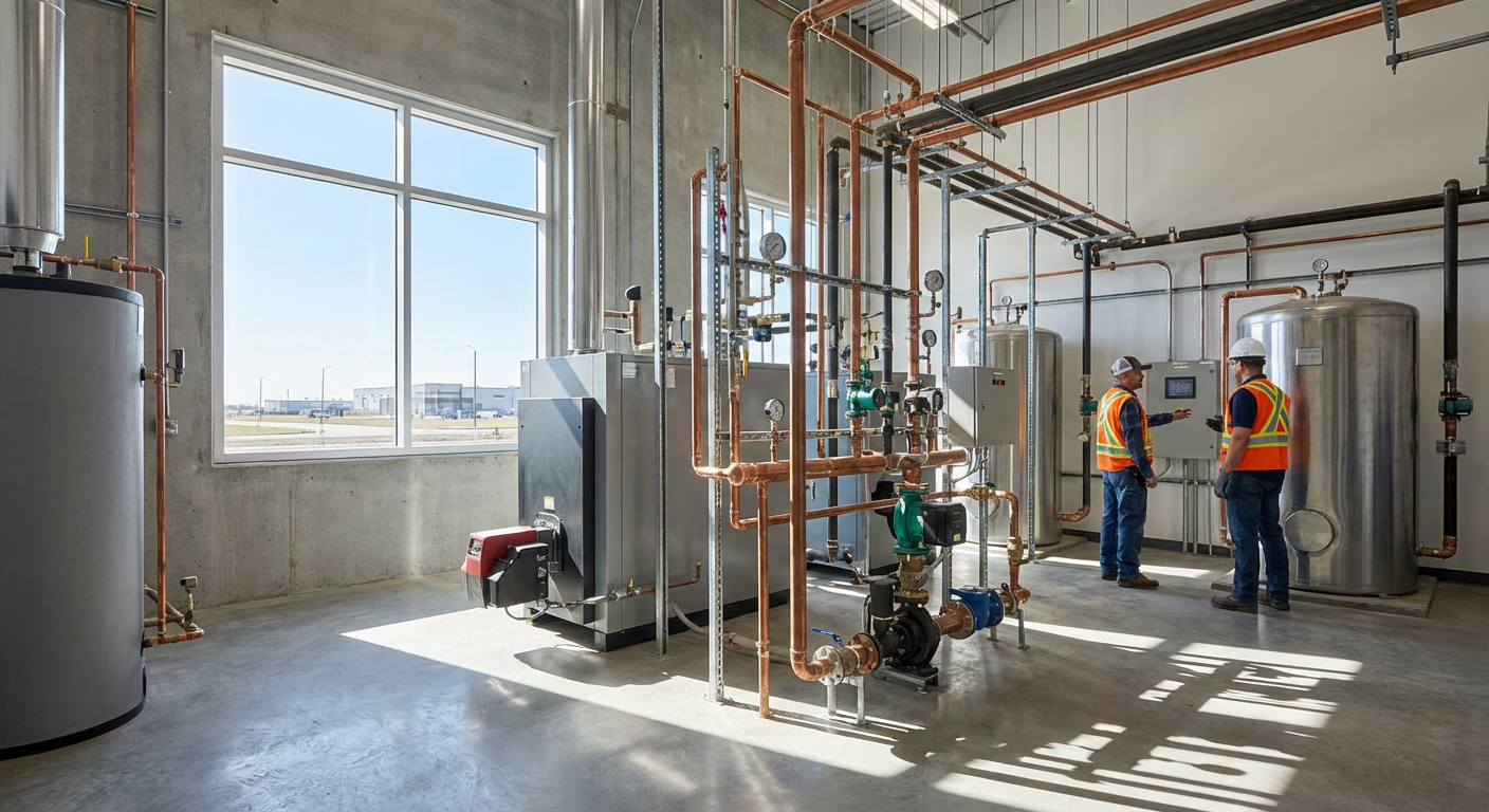 Commercial building mechanical room showing boiler, water heater, pump systems, and interconnected piping typical of Alberta 