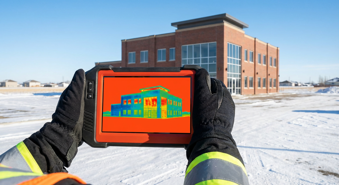 Thermal imaging view of commercial building exterior showing heat loss patterns through windows, walls, and roof in winter, d