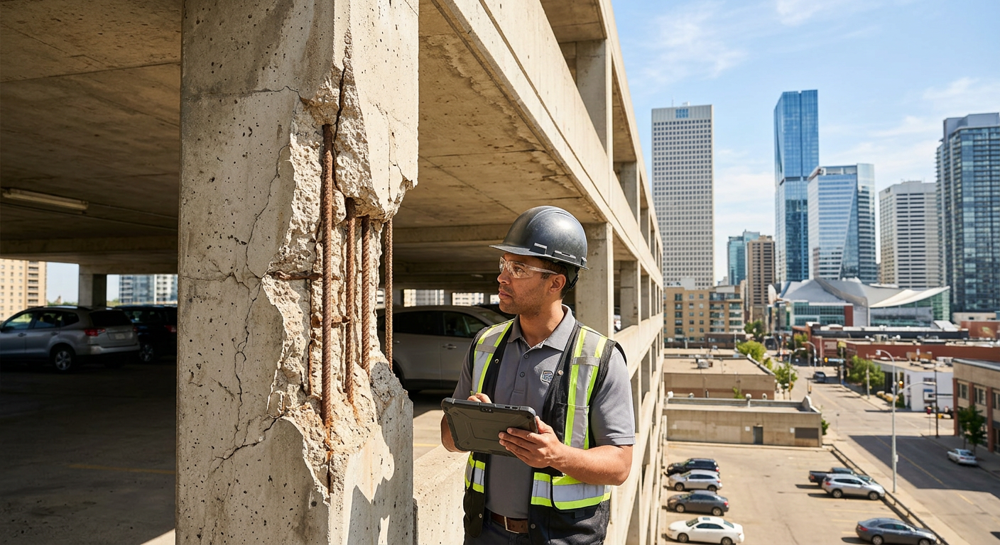 Close-up of a parking structure in Calgary showing spalling concrete and exposed rebar