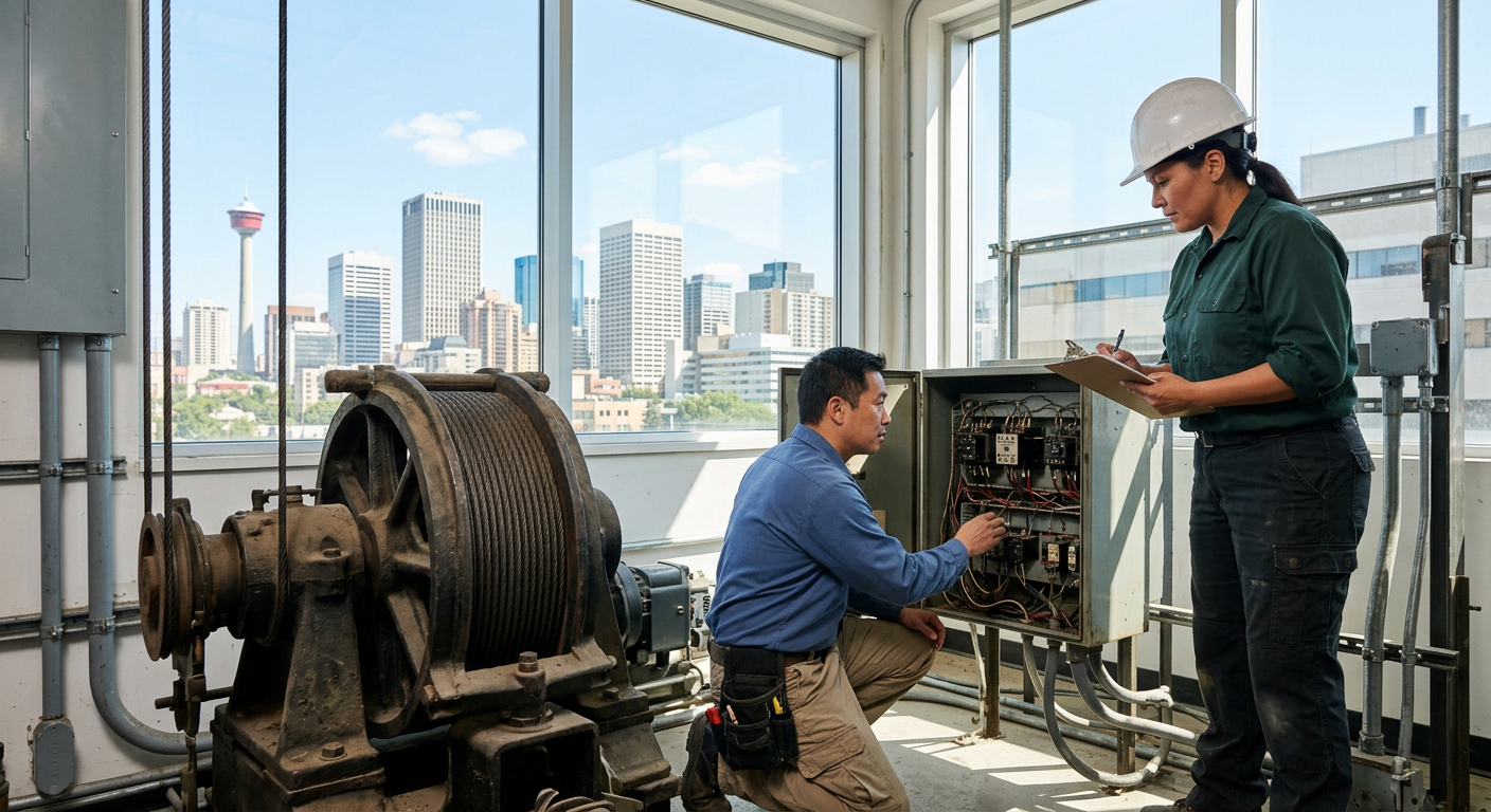 Interior view of a commercial building elevator mechanical room in Alberta, showing aging equipment components assessed