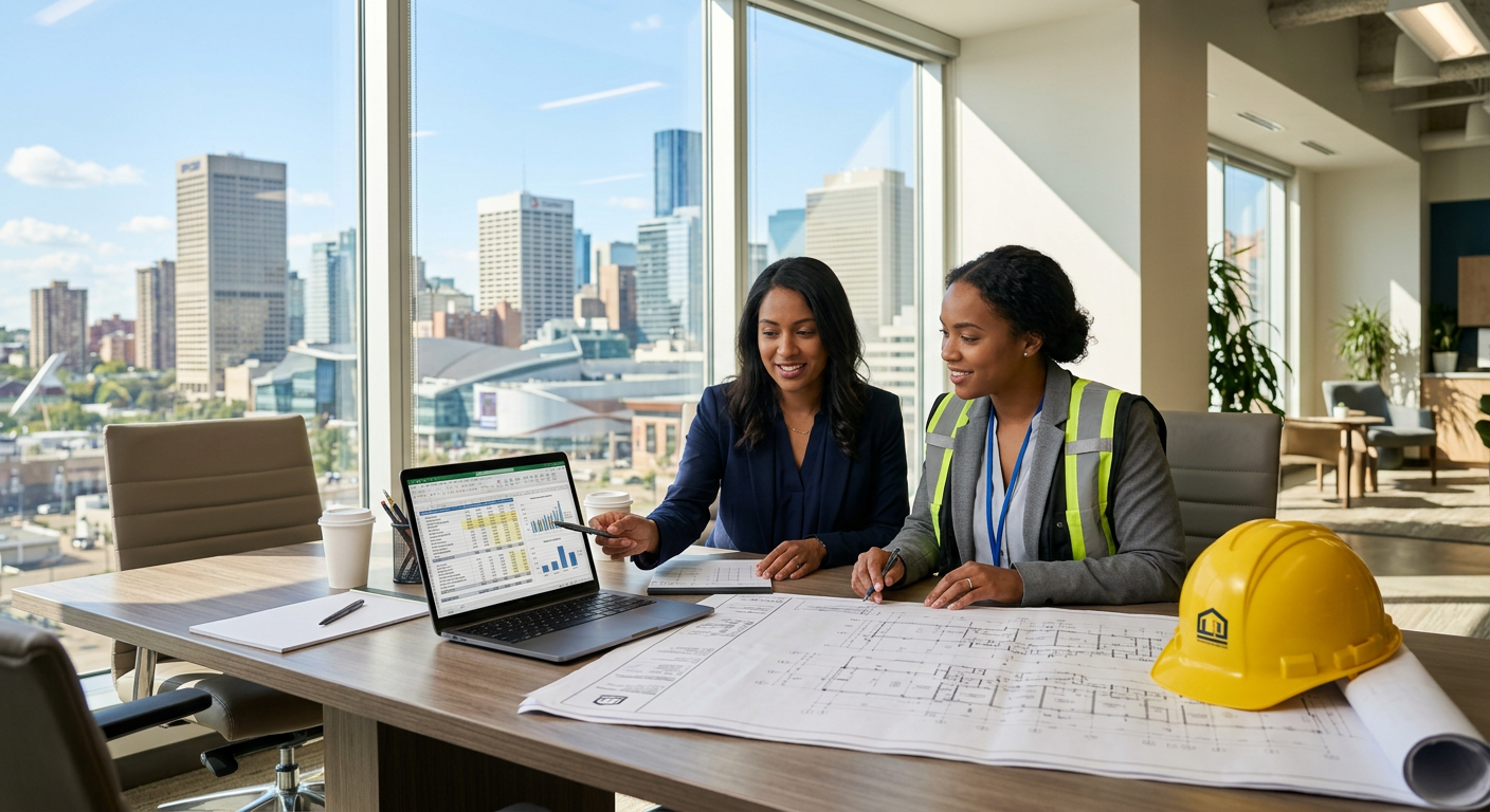 A property manager and building inspector reviewing a capital reserve forecast spreadsheet alongside building blueprints in a