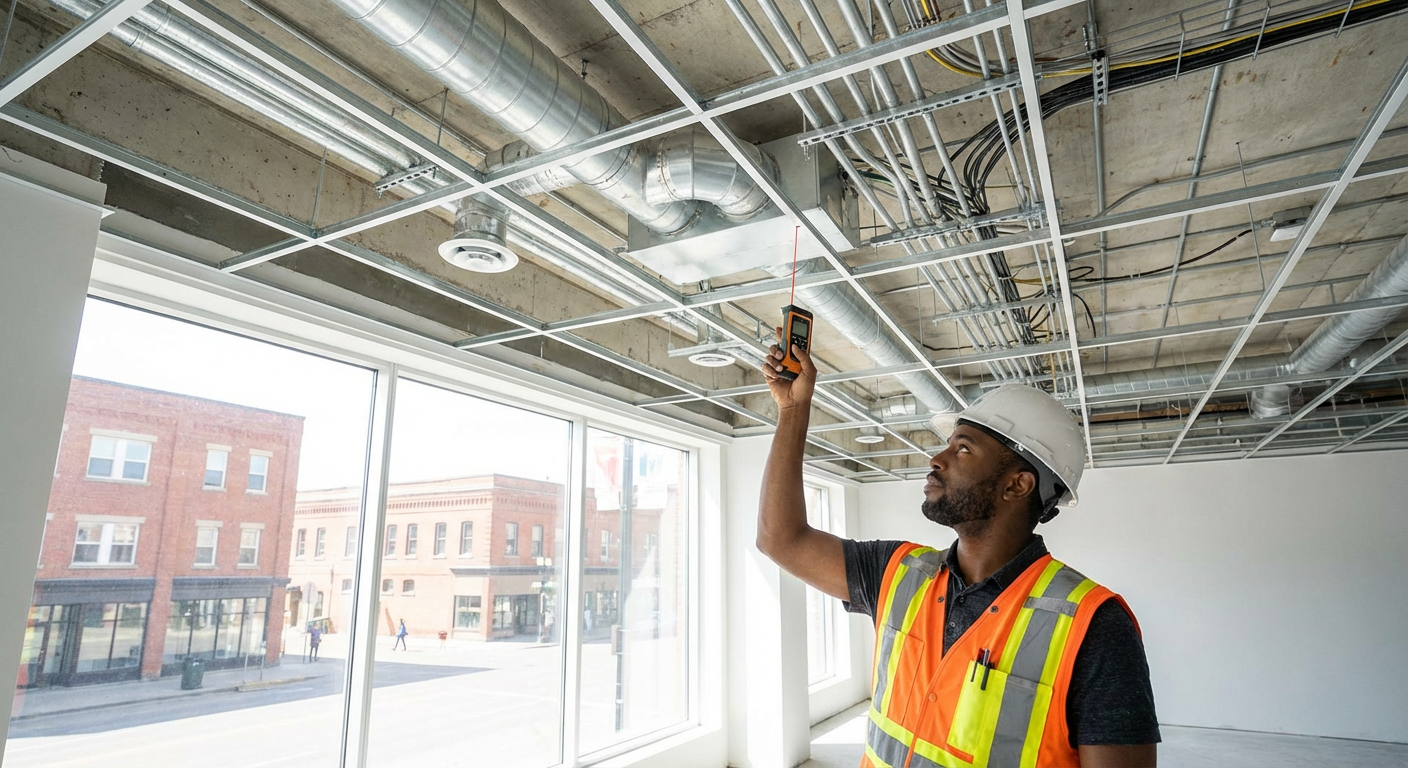 Interior commercial building inspection showing ceiling systems, electrical conduit, HVAC ducts, and building infrastructure 