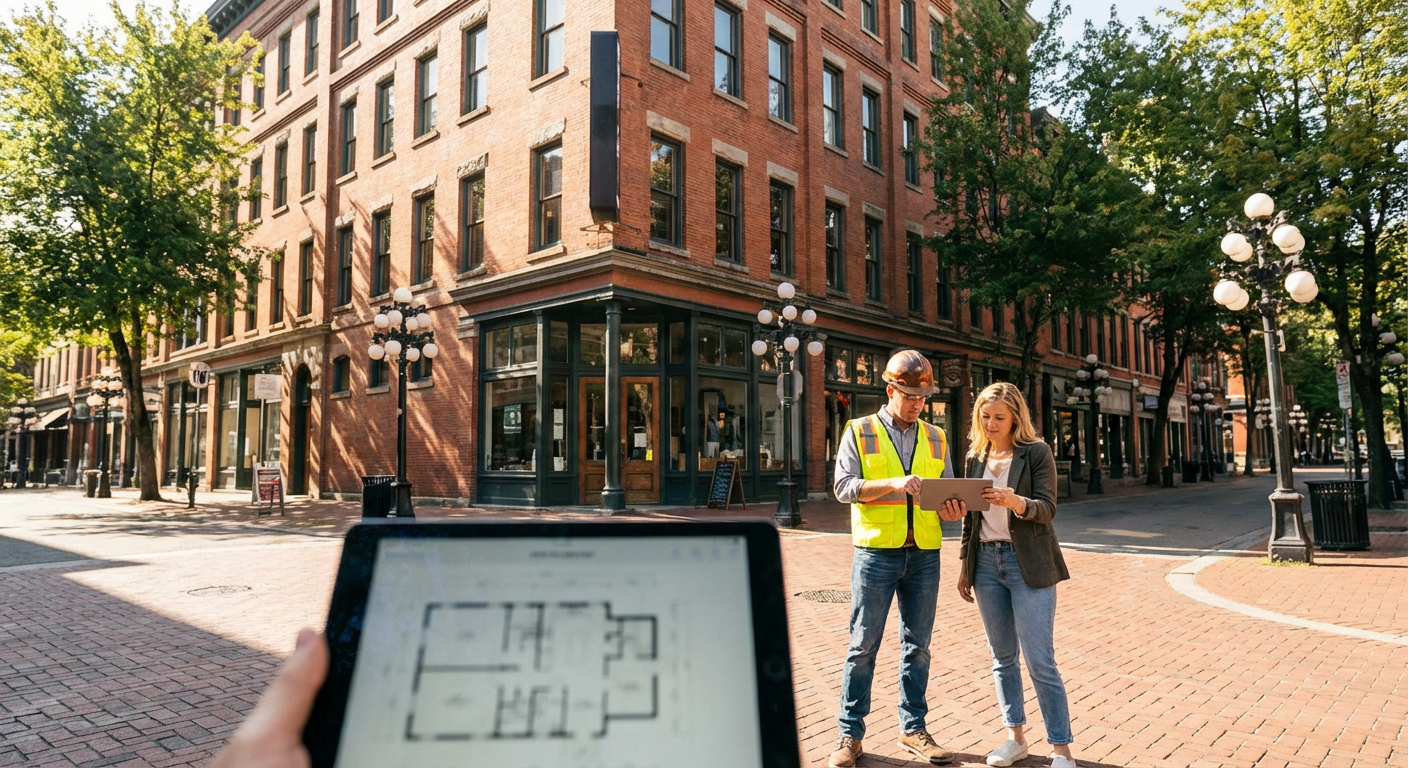 Commercial property inspector reviewing inspection report findings with property owner at building site, both reviewing table