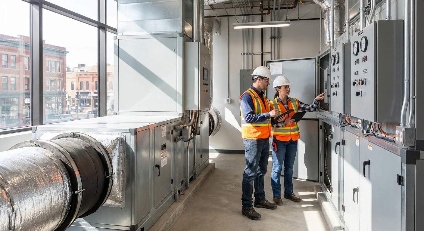 Close-up of HVAC mechanical equipment in commercial building utility room, showing ductwork connections, control systems, and