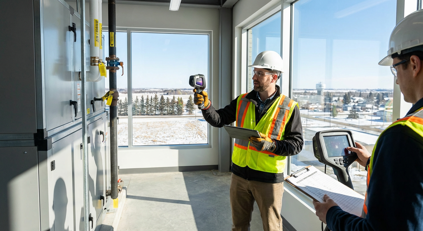 Professional commercial property inspector using diagnostic equipment to examine HVAC systems and mechanical components in a 