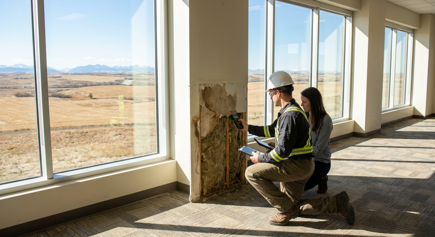 Commercial property inspector measuring water damage and performing moisture analysis on interior drywall and insulation with