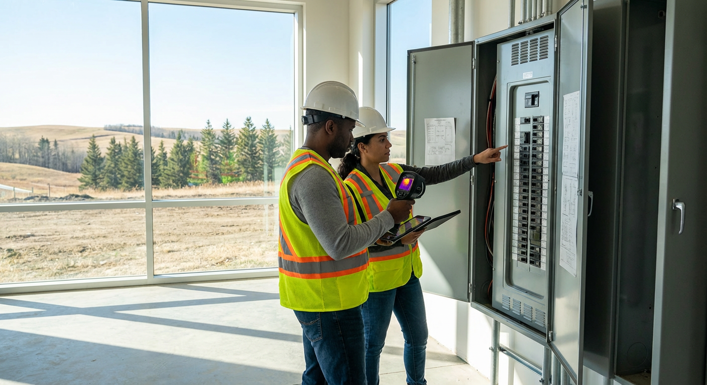 Commercial property inspector conducting detailed assessment of electrical panel components, circuit breakers, and main servi
