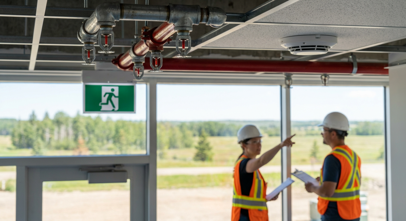 Detailed view of commercial fire suppression sprinkler head installation, fire detection system components, and emergency exi