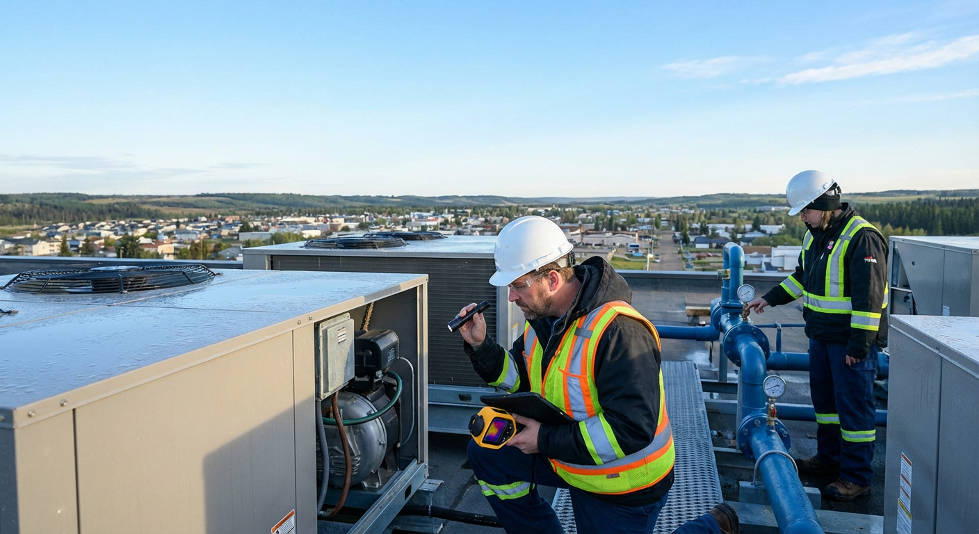 Professional commercial inspector conducting detailed visual assessment of HVAC and mechanical systems in a multi-story offic