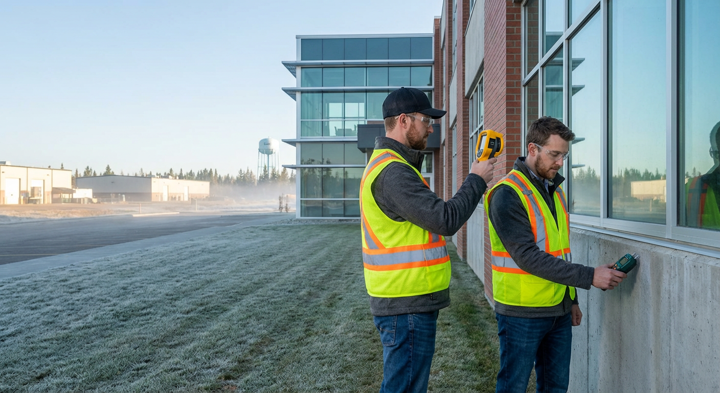 Commercial inspector using moisture meter and thermal imaging equipment to assess building envelope integrity and identify po