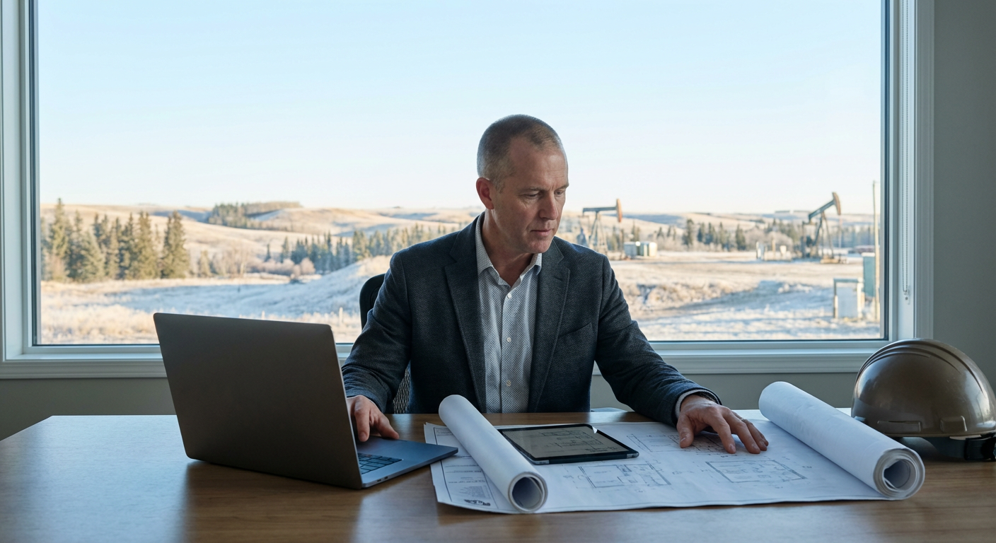 Commercial property inspector reviewing architectural plans and building documentation while sitting at desk with laptop, pre