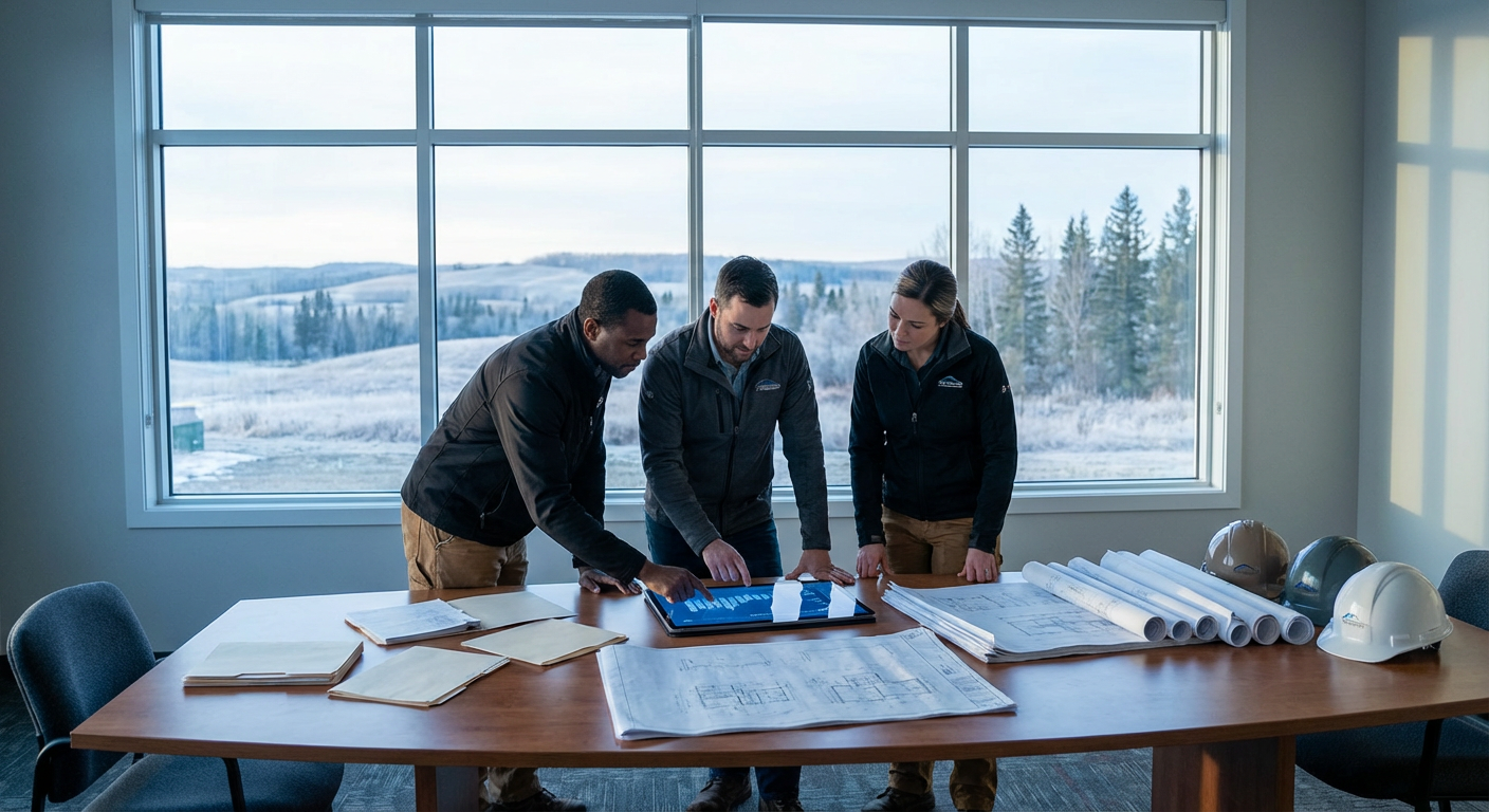 Team of commercial inspectors reviewing inspection findings on tablet device in property management office, with building blu
