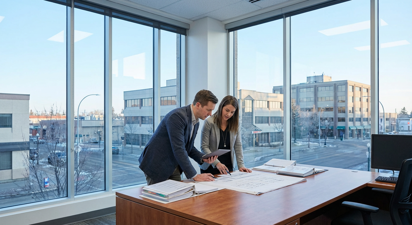 Professional commercial property inspector reviewing building systems documentation with architectural plans in a modern offi