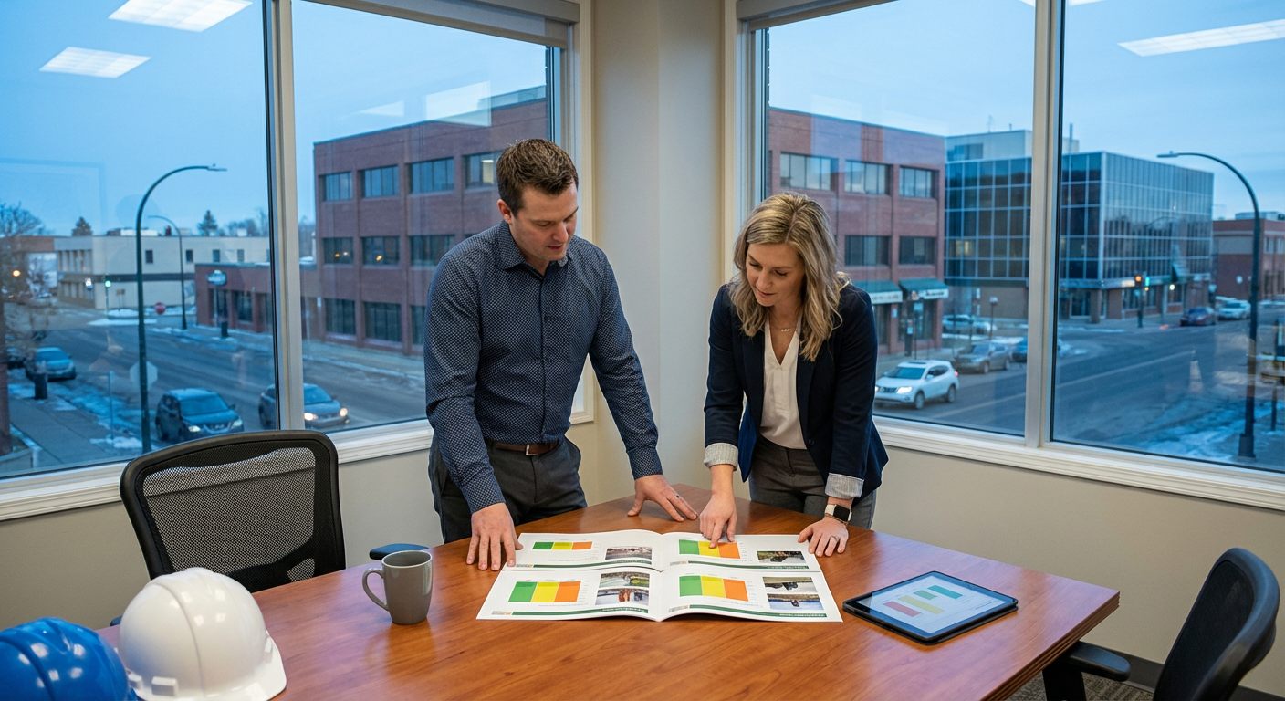 Professional reviewing cost estimates and timeline documents for commercial property assessment