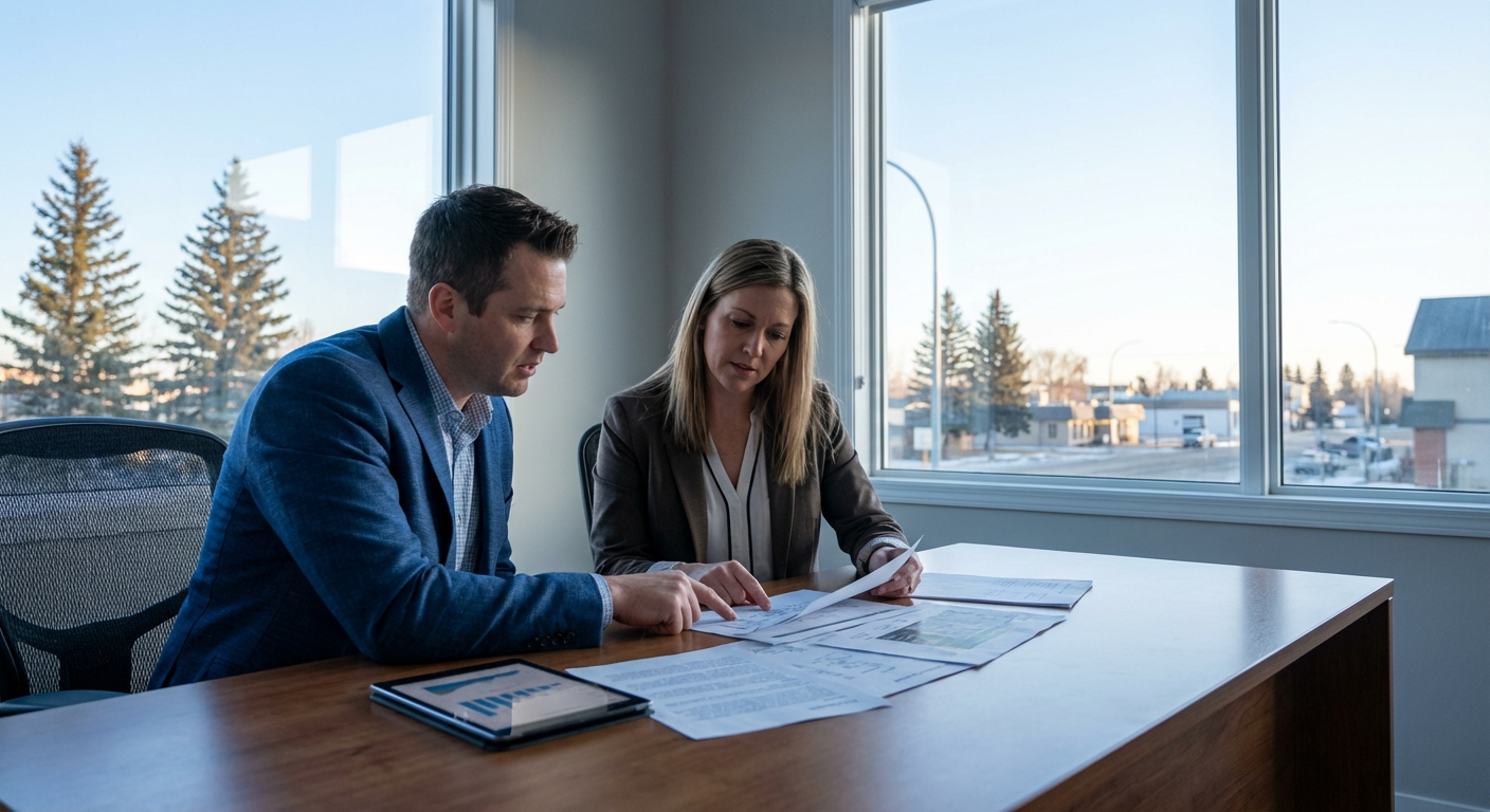 Professional consultant reviewing assessment comparison documents with a commercial property client at a desk in an Alberta o