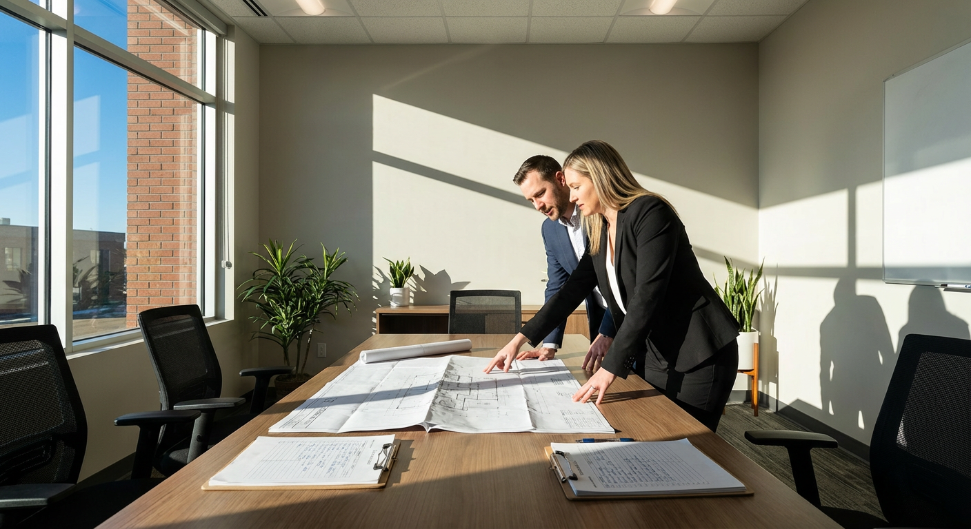 Two commercial property professionals collaborating over architectural blueprints and inspection checklists in a modern Edmon