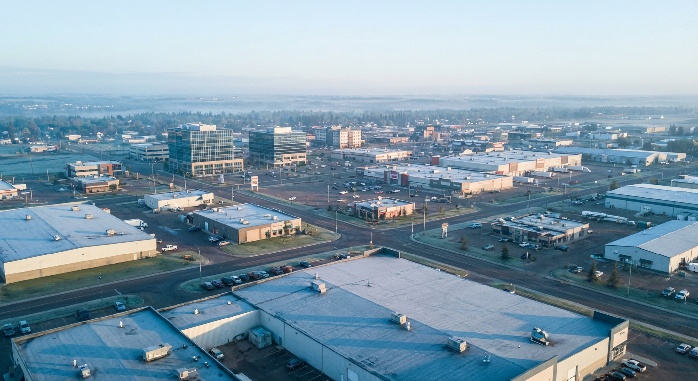 Aerial view of Edmonton commercial district skyline showing diverse commercial buildings including offices, retail, and indus