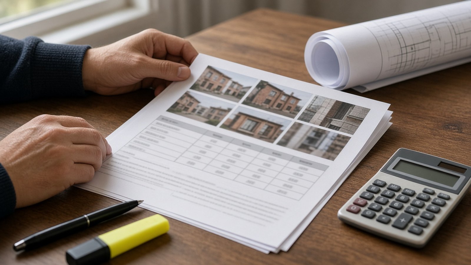Hands reviewing a printed building condition report with photos, a cost table and drawings