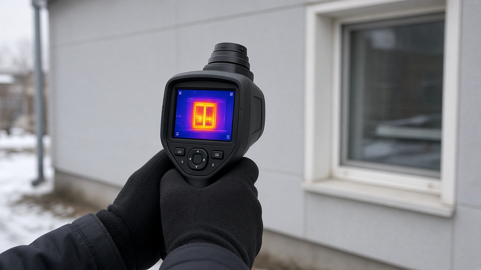 Handheld thermal imaging camera showing heat loss around a window on an exterior wall